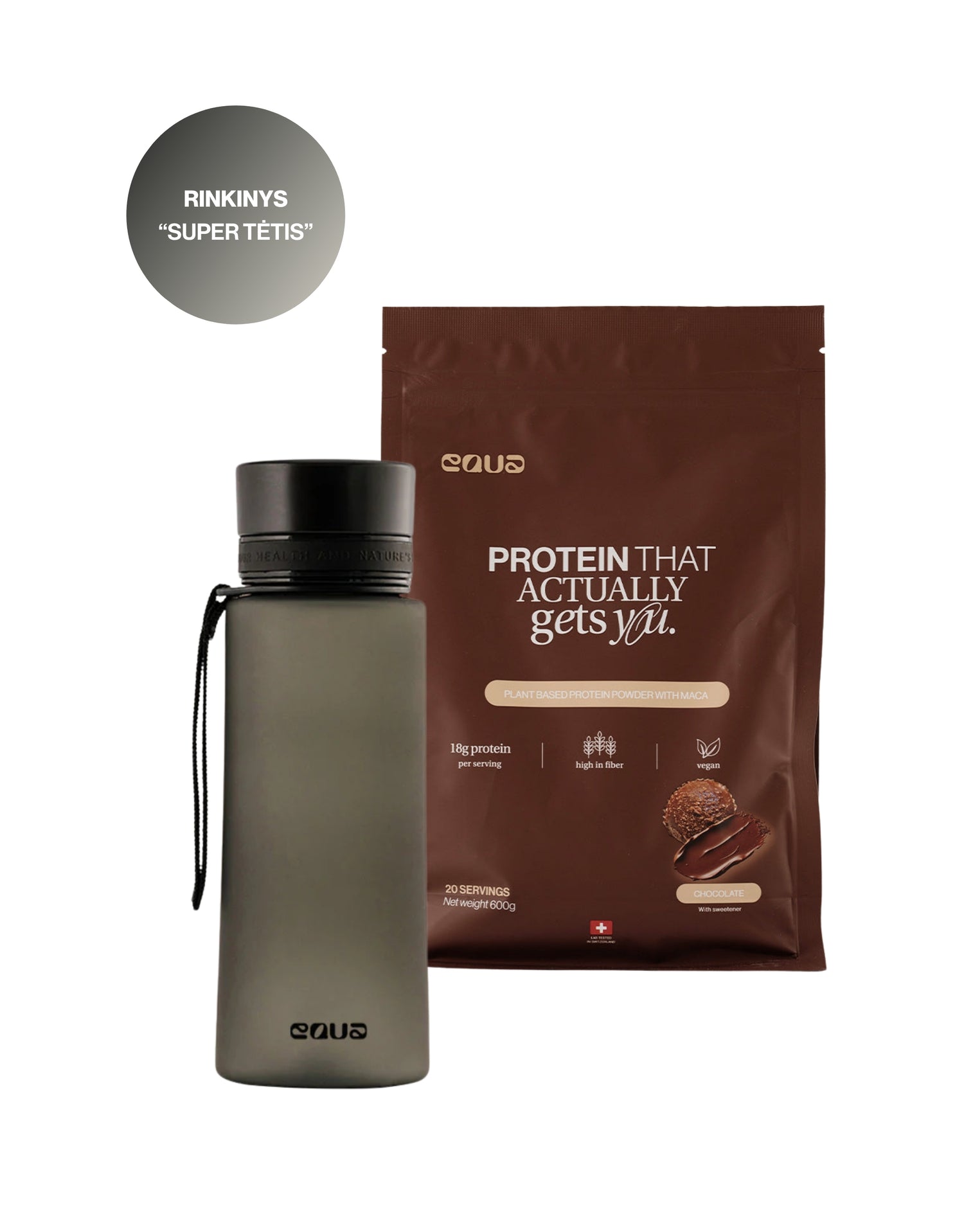 Šokolado skonio proteino gėrimo ir gertuvės rinkinys “Super Tėtis”